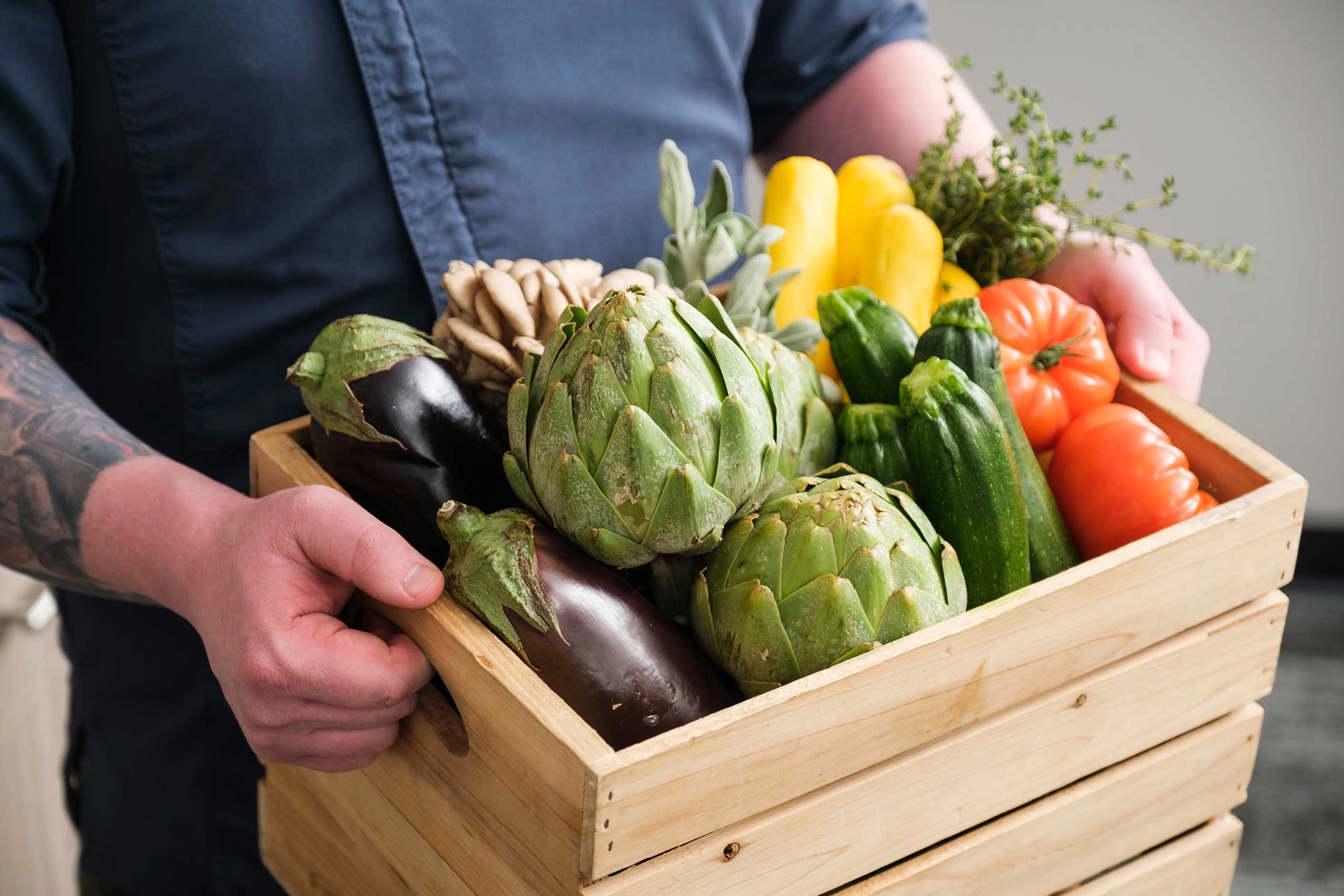 Wooden crate of assorted produce